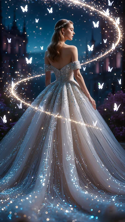 Vertikales Handy-Hintergrundbild: Eine elegante Frau in einem funkelnden, silbernen Ballkleid bei Nacht, umgeben von einem Wirbel aus leuchtenden weißen Schmetterlingen und magischem Lichtstaub.