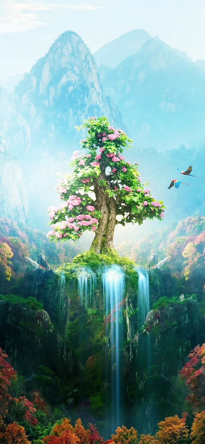 Magischer Baum mit Wasserfall in den Bergen als iPhone Wallpaper im Fantasy Stil