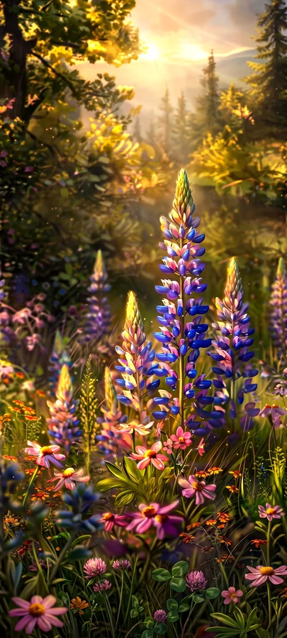 Magischer Blumenwald Hintergrundbild – Goldenes Natur Wallpaper in 4K