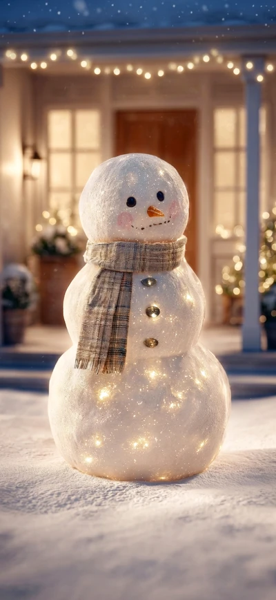 Gemütliches winterliches  Wallpaper: Schneefigur vor Haus mit Lichterketten.