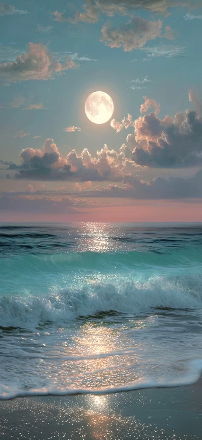 Romantische Meereslandschaft bei Mondschein für Smartphone Hintergründe.