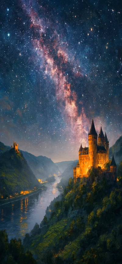 Magisches Handy Hintergrundbild: Burg am Fluss mit Sternenhimmel und Galaxie
