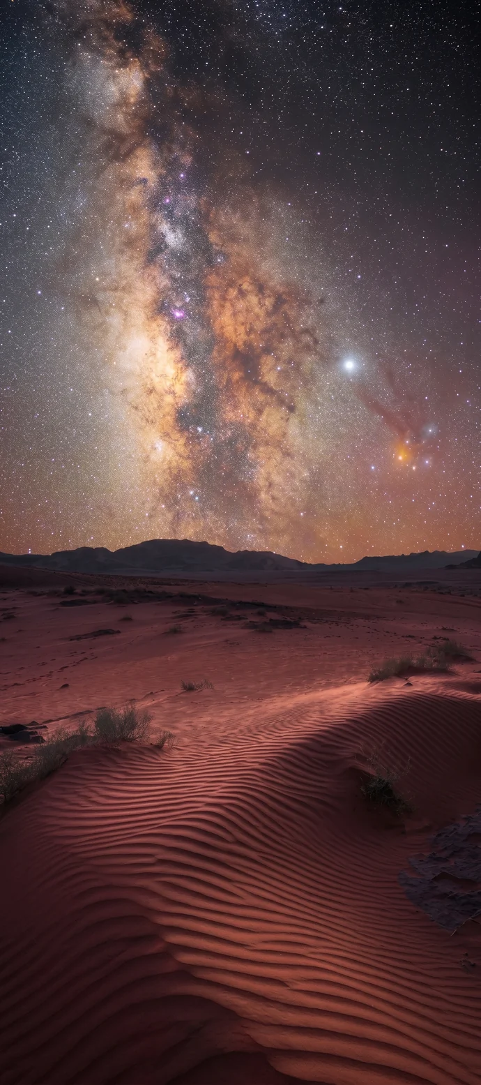 Milchstraße über einer Wüste mit Sanddünen und Sternenhimmel als 4K Handy Hintergrundbild