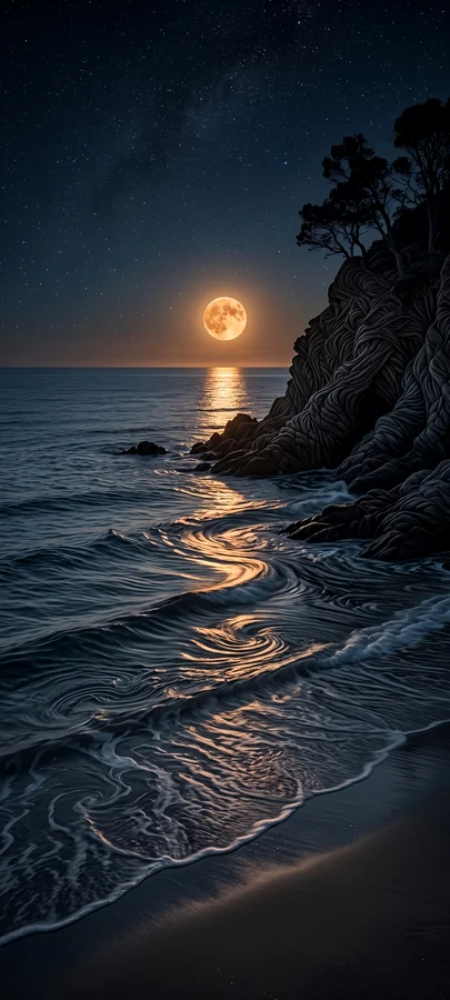 Mondschein am Strand – Ruhiges Nacht Handy Hintergrundbild in 4K