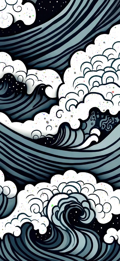 Vertikales Handy-Hintergrundbild im japanischen Ukiyo-e-Stil: Stilisierte, monochrome Wellen und weiße Wolken unter einem dunklen, sternenklaren Nachthimmel.