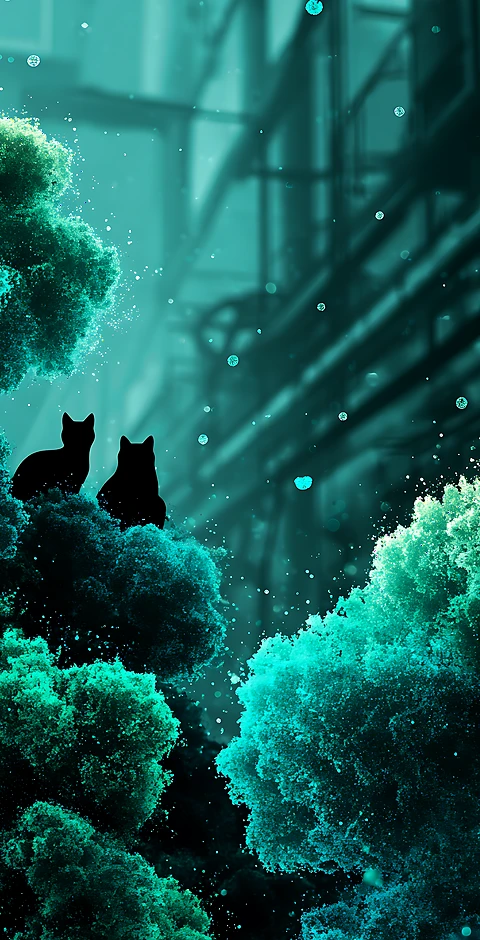 Mystische Katzen im Neonwald Hintergrundbild