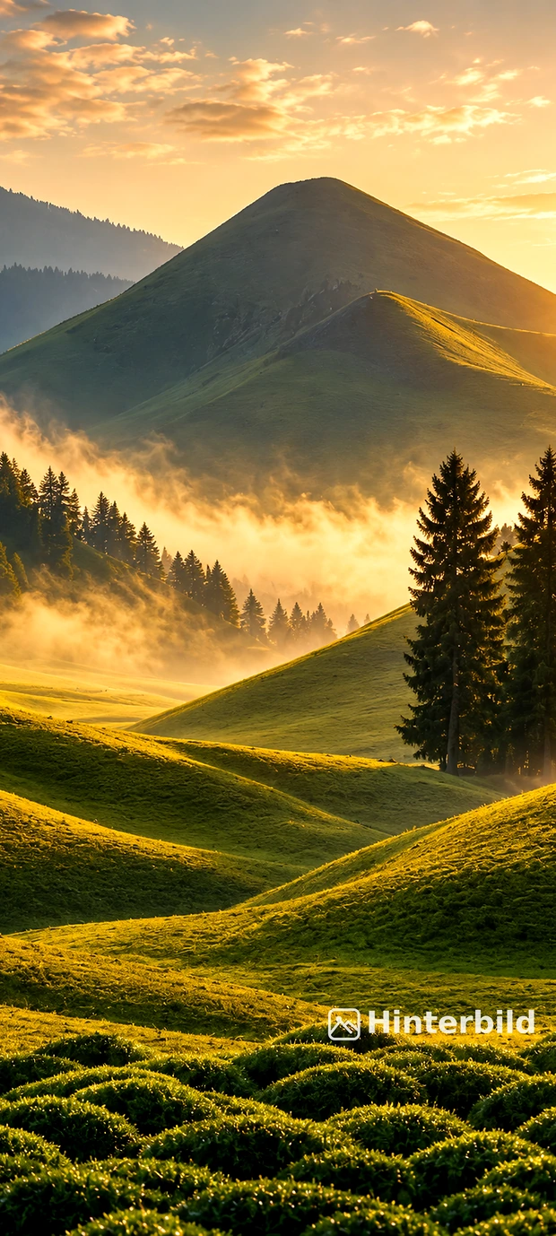 Grüne Berge mit Sonnenaufgang und Nebel in epischer natur hintergrundbilder Landschaftsstimmung in 4K.