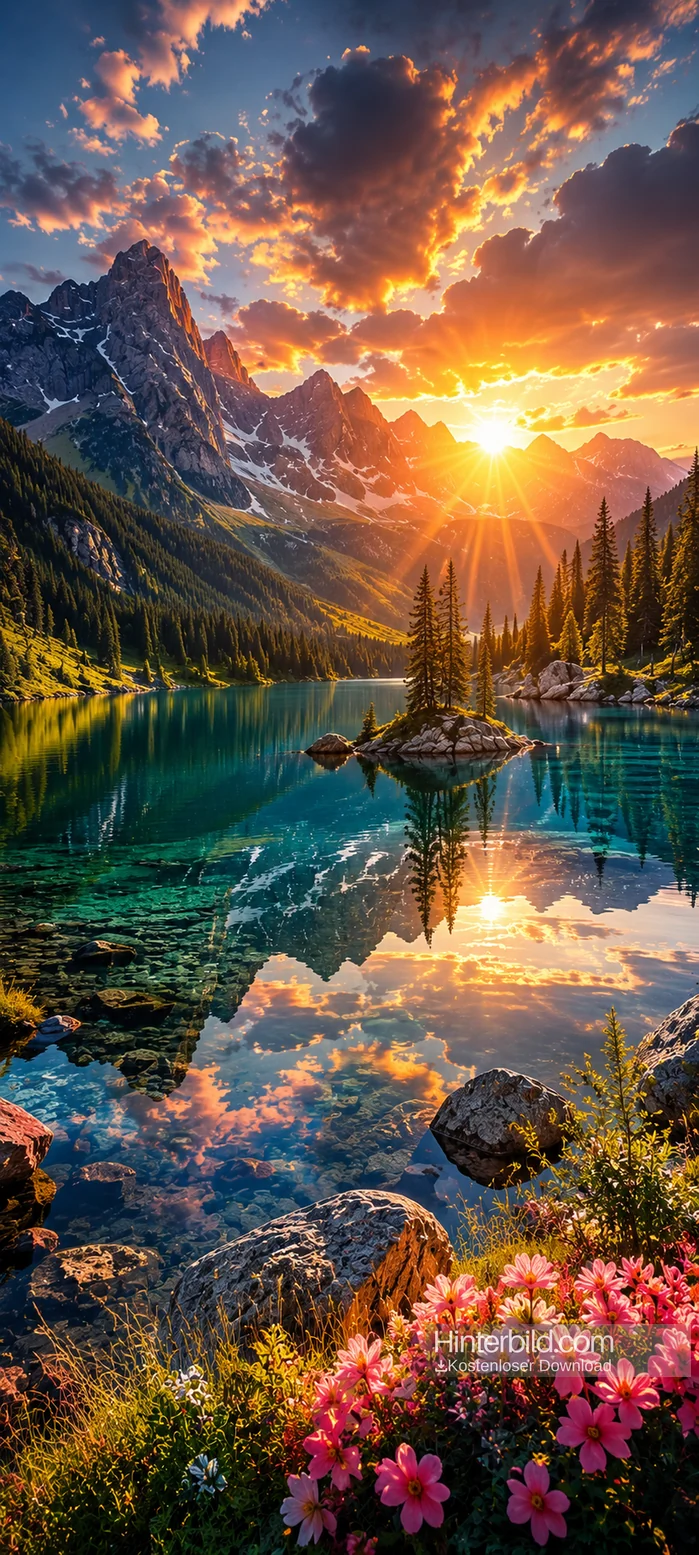 Natur Wallpaper 4K – Spektakulärer Bergsee Sonnenuntergang Hintergrund