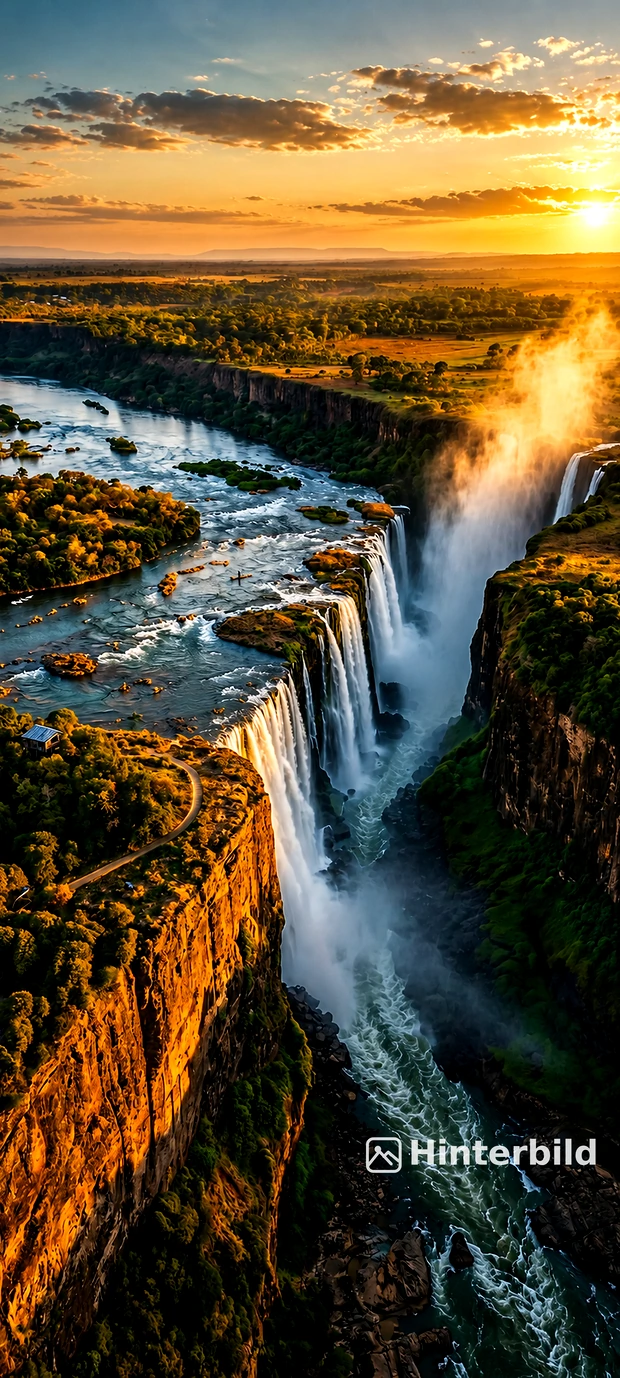 Gigantischer Wasserfall im tiefen Canyon bei Sonnenuntergang mit epischer natur hintergrundbilder Landschaft in 4K.