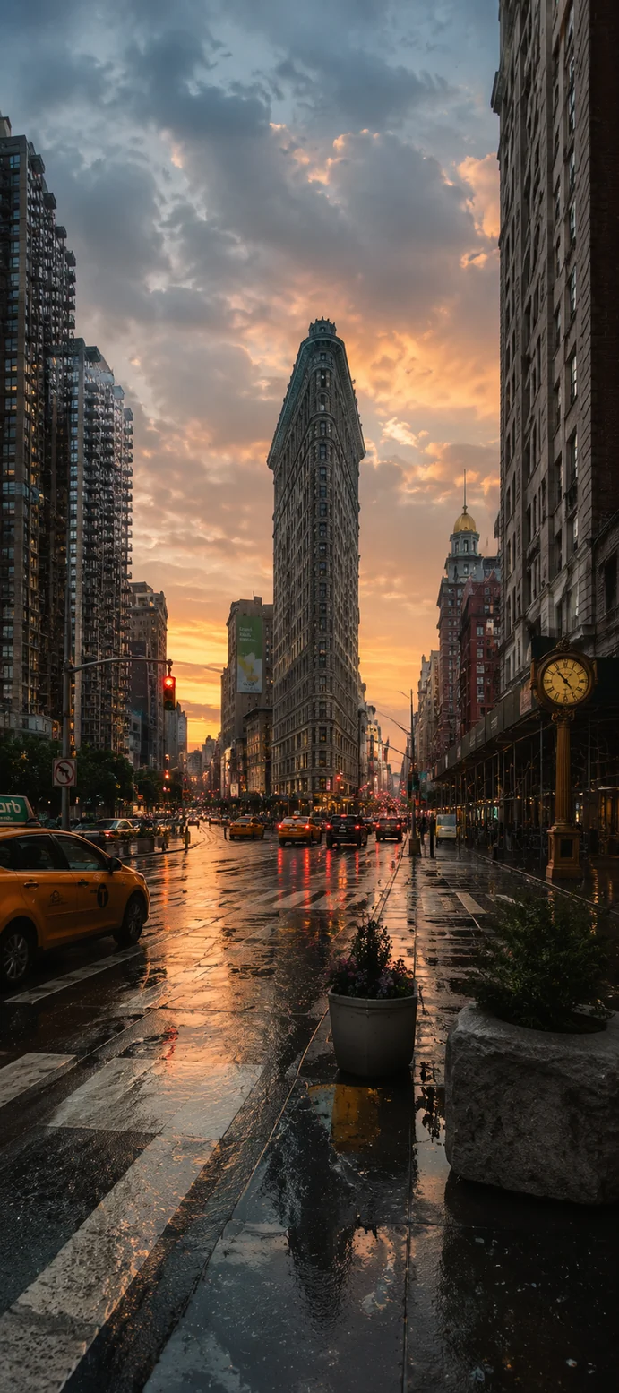 New York Wallpapers 4K – Flatiron Building bei Regen in Manhattan