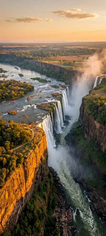 Großer Wasserfall zwischen hohen Felsen im Abendlicht mit epischer hintergrundbilder Naturkulisse in 4K.