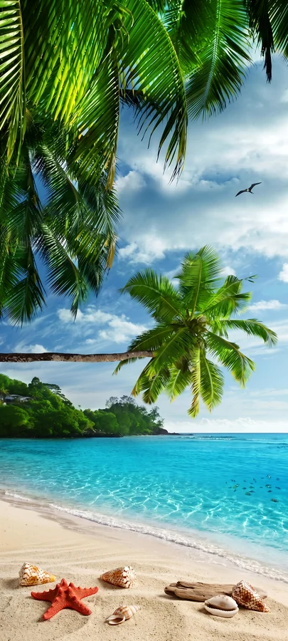 Tropischer Strand mit Palmen, türkisblauem Meer und sommerlicher hintergrundbilder sommer Atmosphäre in 4K.