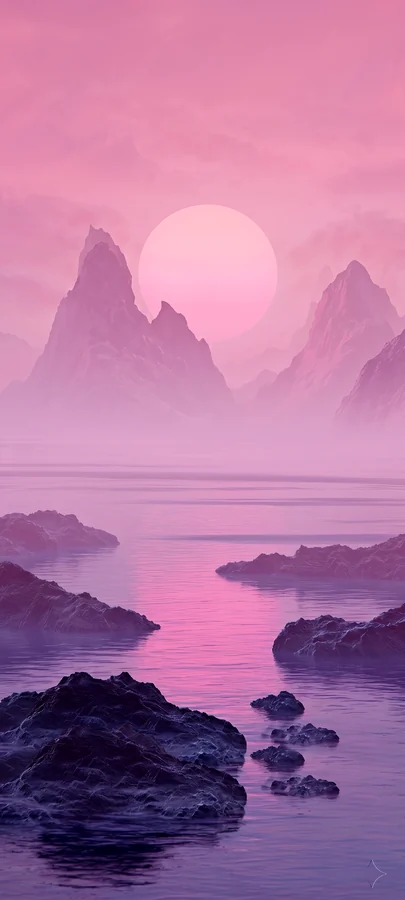 Pastell lila Landschaft mit Bergen, Wasser und sanfter Sonne in ästhetischer hintergrundbilder lila Stimmung in 4K.