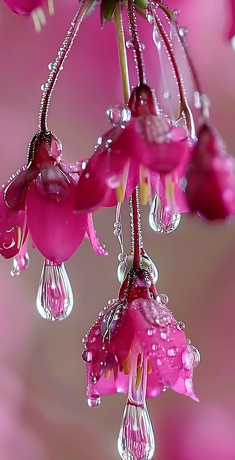 Pinke Blüten mit Wassertropfen Wallpaper: Ästhetische Makro-Naturfotografie