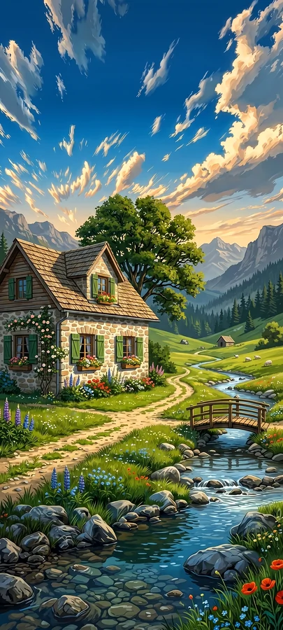Pixel Art Landhaus Natur Hintergrundbild – Retro Landschaft Wallpaper in 4K