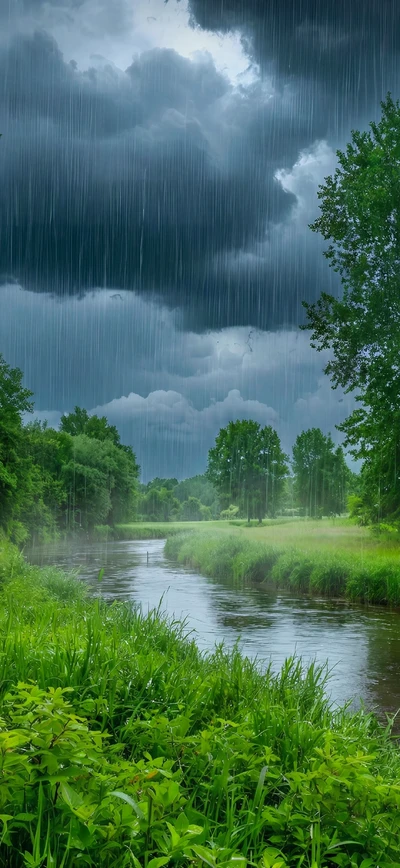 Regen fällt über eine grüne Landschaft mit Fluss, Wiese und dunklen Gewitterwolken – Natur Wallpaper in hoher Auflösung