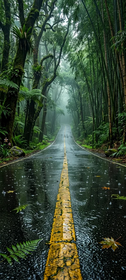 Regnerische Waldstraße Hintergrundbild – Mystisches Natur Wallpaper in 4K
