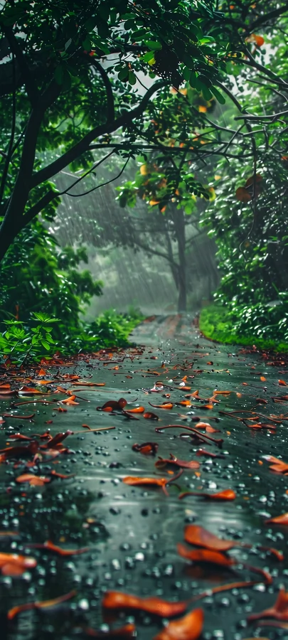 Regnerischer Waldweg Hintergrundbild – Dunkles Natur Wallpaper in 4K