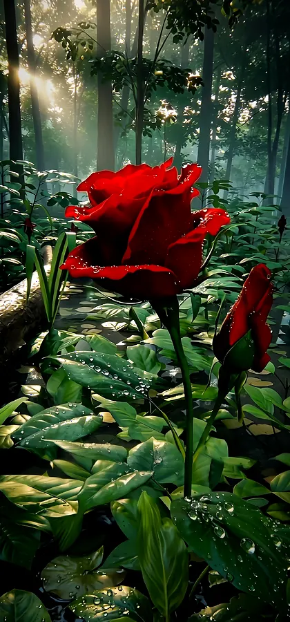 Rote Rose im Wald – Ästhetisches Blumen Handy Hintergrundbild in 4K