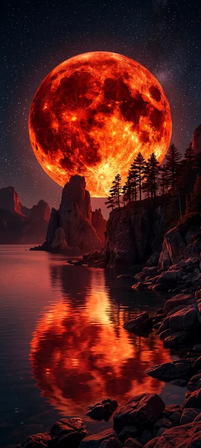 Roter Mond über dem See – Episches Fantasy Handy Hintergrundbild in 4K