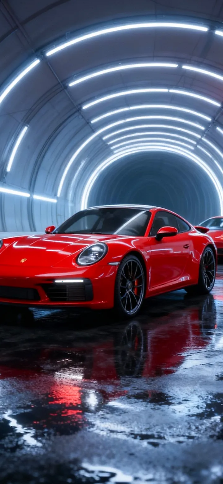4K Handy Hintergrundbild eines roten Porsche 911 in einem futuristischen blauen Neon-Tunnel.
