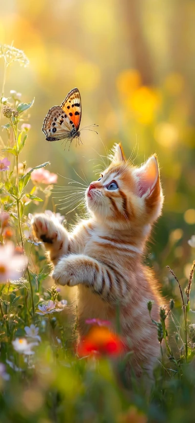 Rotes Kätzchen spielt mit Schmetterling – Natur Handy Wallpaper