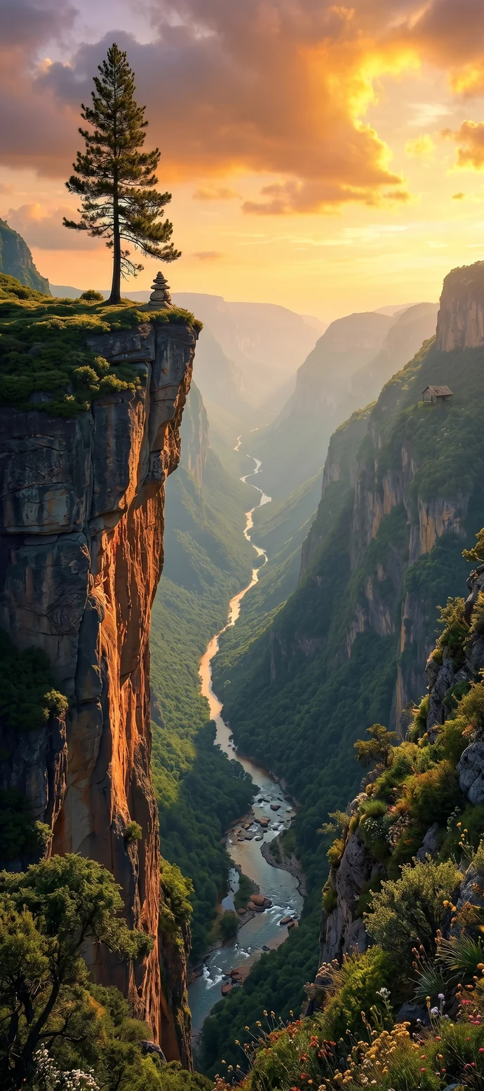 Tiefe Schlucht mit Fluss zwischen hohen Felswänden bei Sonnenuntergang als 4K Handy Hintergrundbild
