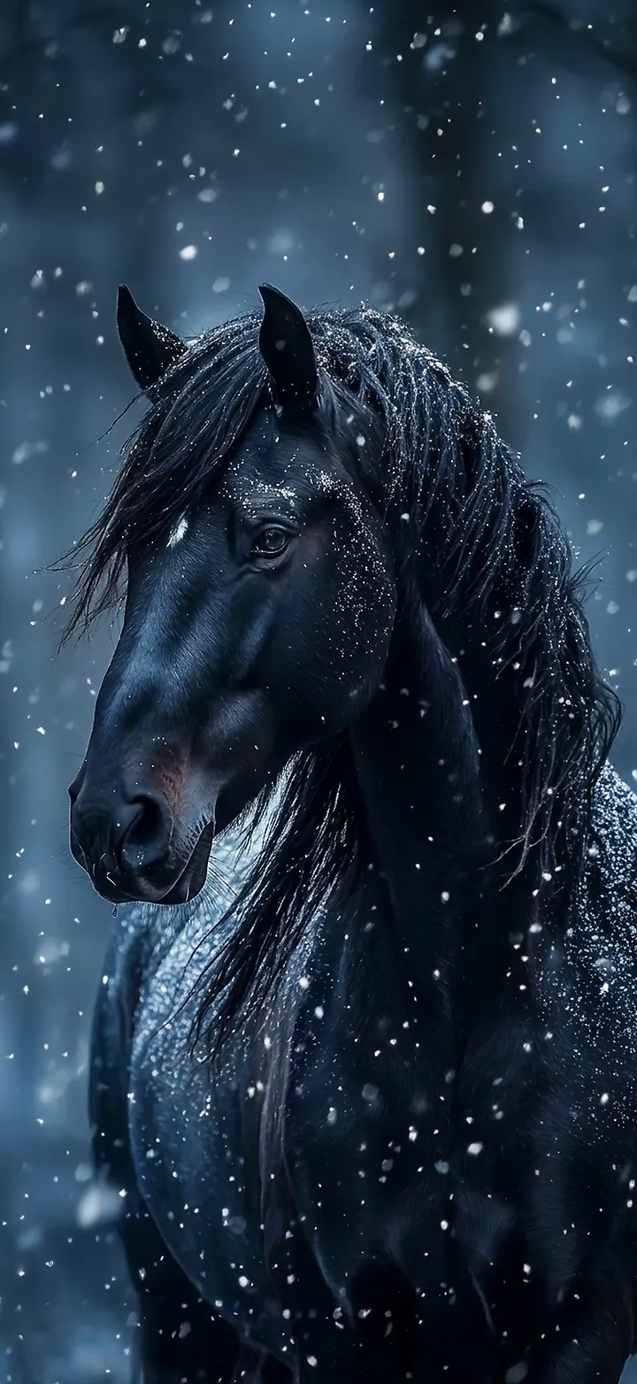 Schwarzes Pferd im Schnee – Mystisches Winter Hintergrundbild in 4K