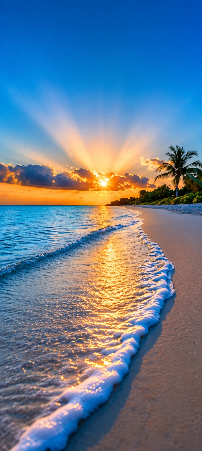 tropischer strand mit goldenem sonnenuntergang am meer als sommer hintergrundbilder und kostenlose hintergrundbilder 4k für iphone.