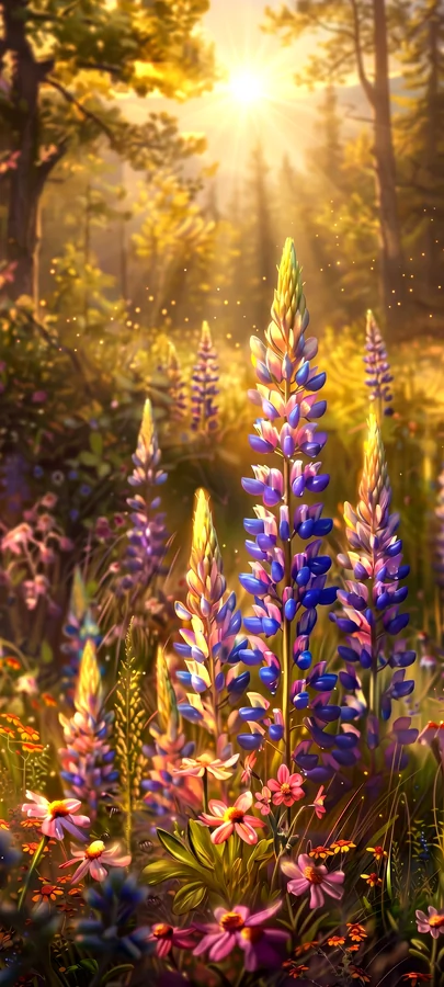 Sonnenstrahlen Blumenwald Hintergrundbild – Magisches Natur Wallpaper