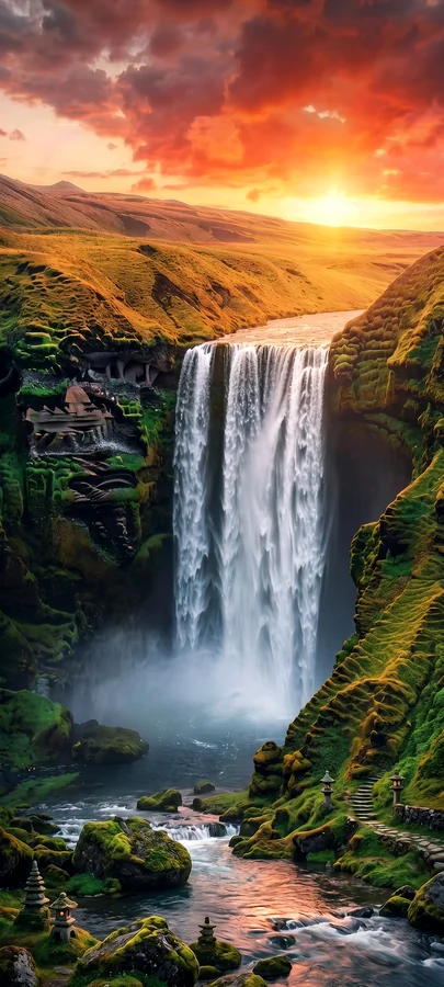 Sonnenuntergang Wasserfall Hintergrundbild – Atemberaubendes Natur Wallpaper in 4K