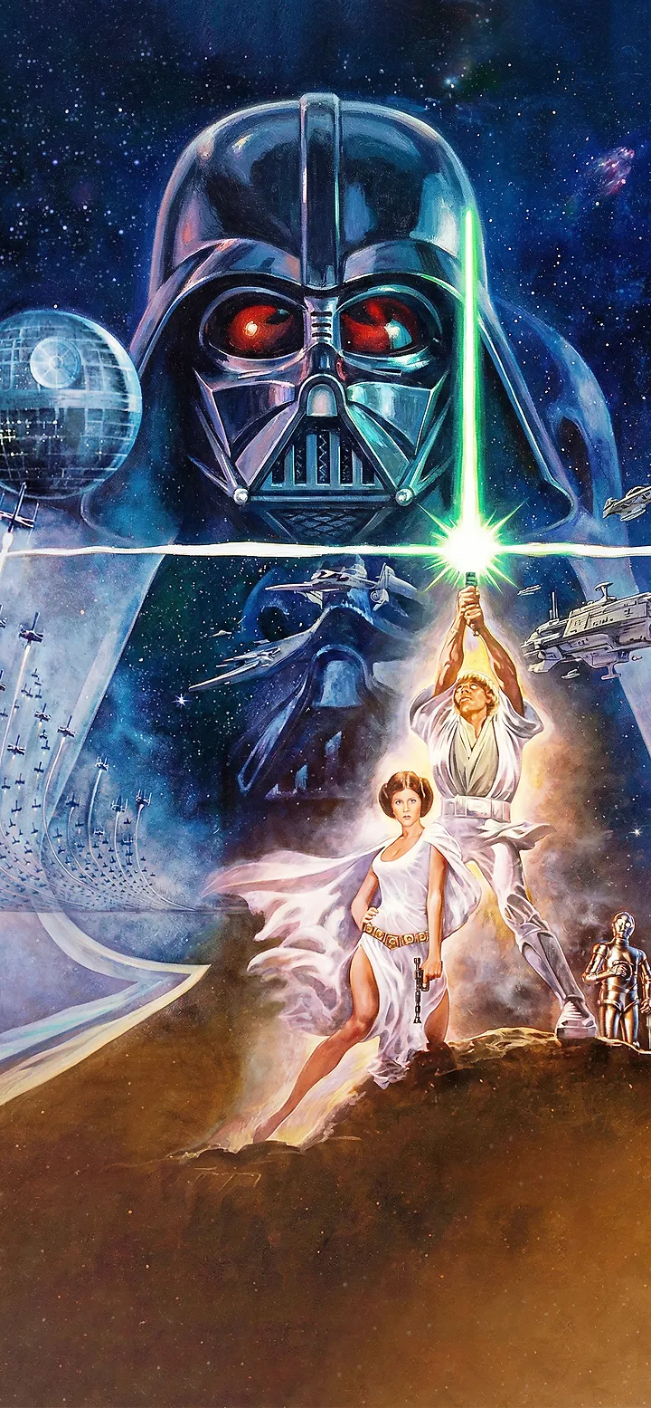 Rückenansicht eines Jedi-Ritters, der die Macht gegen eine Armee von Sturmtrupplern, AT-AT Läufern und Sternenzerstörern im Himmel einsetzt - Star Wars Kunstwerk für Smartphone Hintergrund