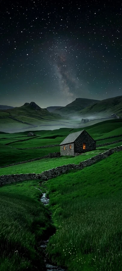 Sternenhimmel Hütte Hintergrundbild – Ruhiges Natur Wallpaper in 4K