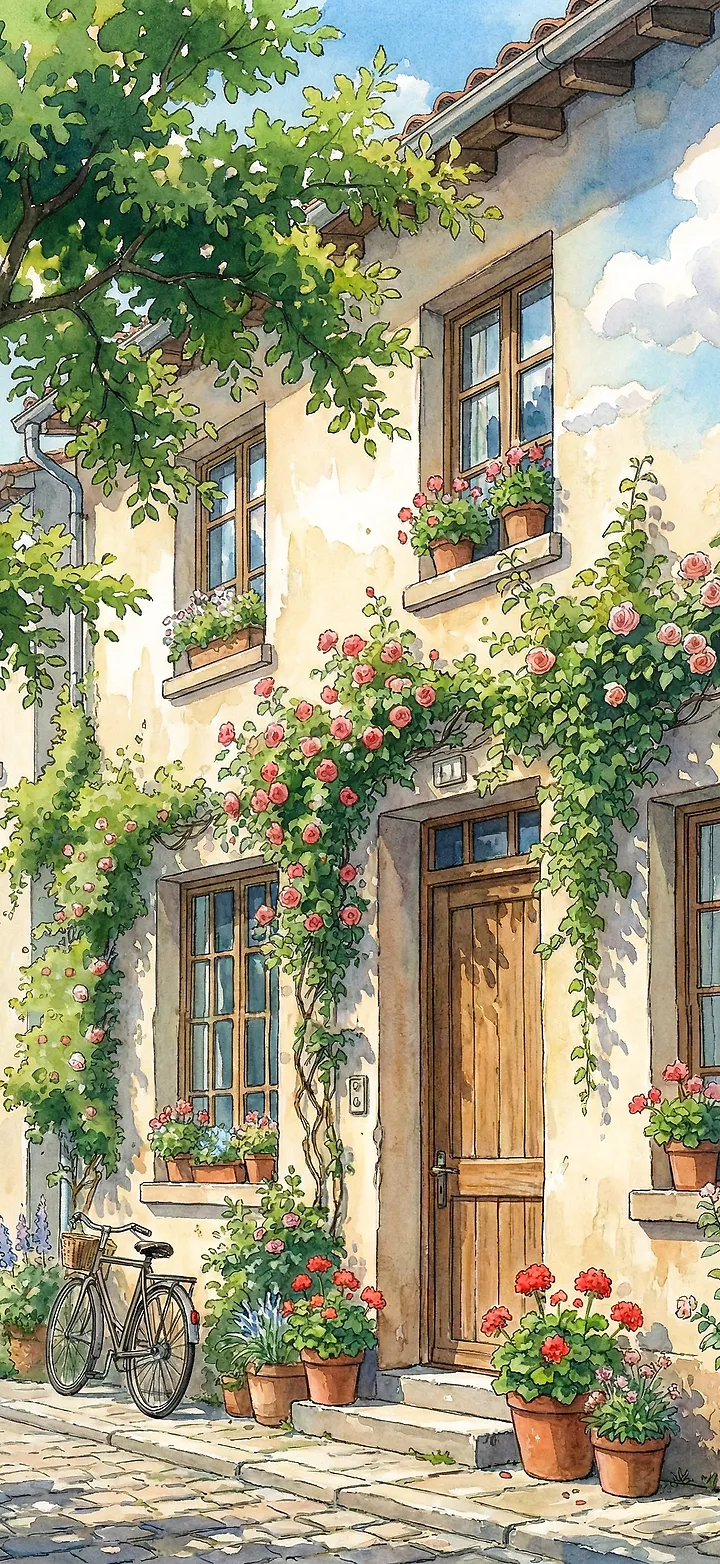 Ästhetisches iPhone Wallpaper: Vintage Haus & Blumen