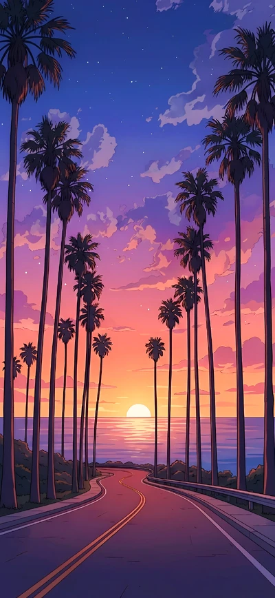 iPhone Wallpaper  Laden Sie dieses ästhetische Hintergrundbild mit Sonnenuntergang, Palmen und Ocean-Drive-Vibes kostenlos auf Hinterbild.de herunter. Lo-Fi Ästhetik für Ihren Sperrbildschirm.