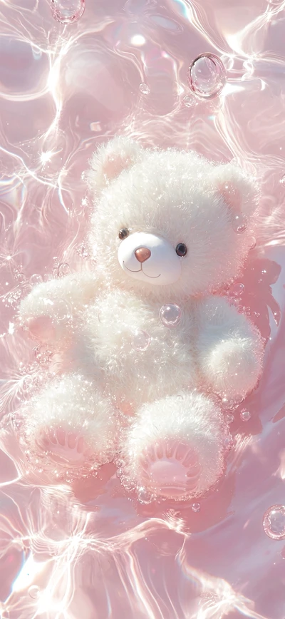 Traumhafter Weißer Teddybär in Rosa Wasser – Ästhetisches iPhone Wallpaper & Hintergrundbild
