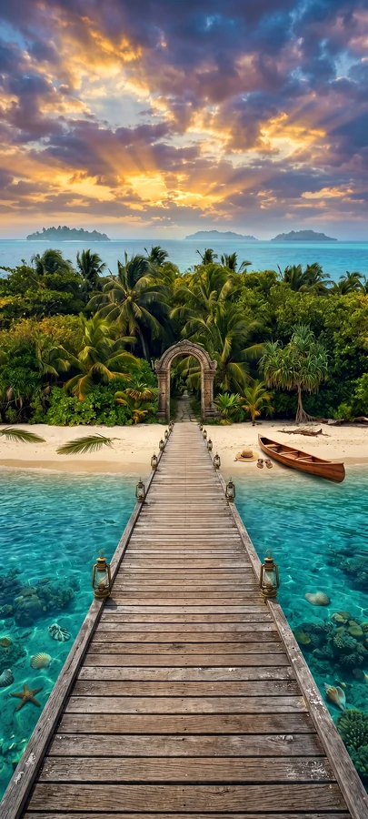Holzbrücke über türkisblauem Meer zu tropischer Insel mit Palmen in exotischer hintergrundbilder sommer Atmosphäre in 4K.