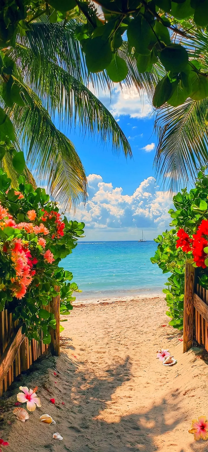 Tropischer Strandweg mit Blumen Wallpaper 4K - Sommer Paradies