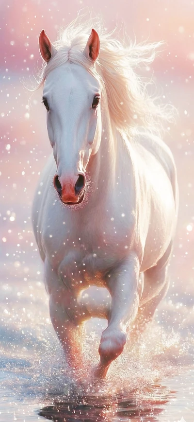 Weißes Pferd läuft durch Wasser mit funkelnden Lichtpartikeln – magisches Wallpaper als hochwertiges Hintergrundbild