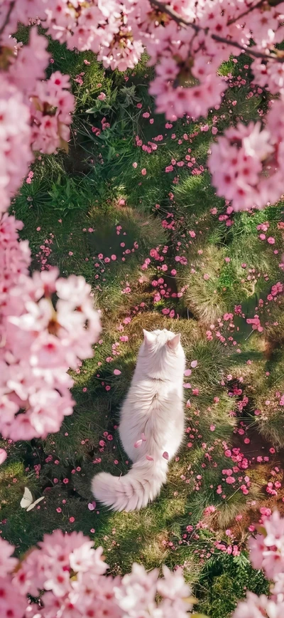 Weiße Katze unter Kirschblüten – Ästhetisches Sakura Handy Wallpaper