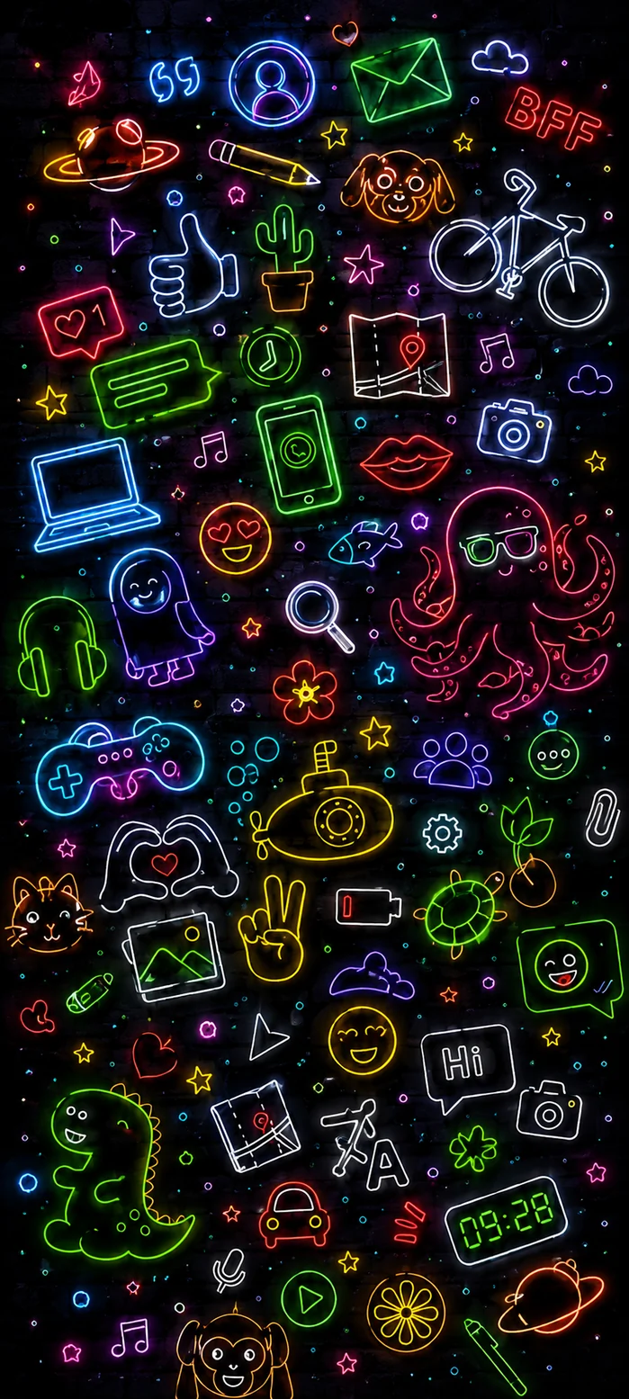 WhatsApp Hintergrundbilder mit bunten leuchtenden Symbolen für iPhone und Android