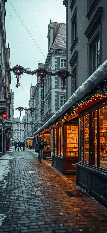 Winterliche Altstadtstraße mit Schnee, warm beleuchteten Schaufenstern und Weihnachtsdekoration – vertikales 4K Wallpaper als Hintergrundbild.
