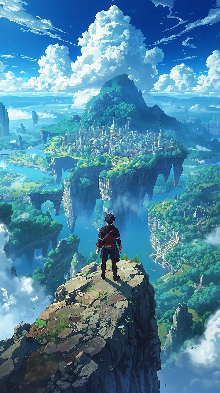 Anime Handy Wallpaper: Abenteurer blickt auf eine fantastische Stadt auf schwebenden Inseln.