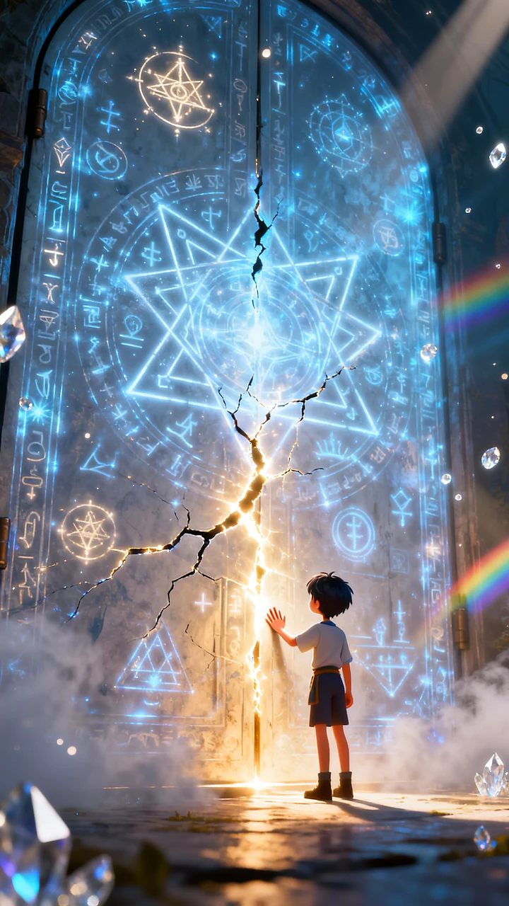 Anime Hintergrundbild: Ein Kind vor einem gigantischen, magisch leuchtenden Steintor mit Runen.