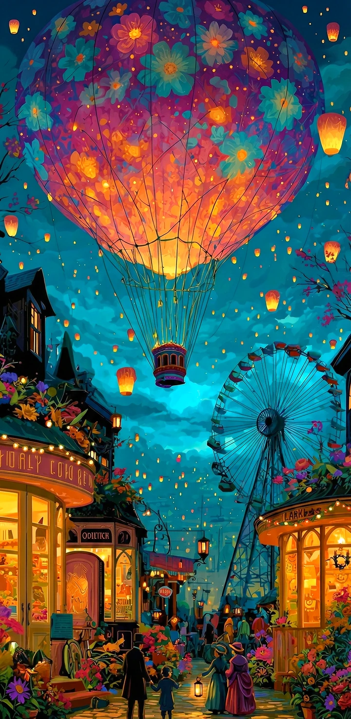 Bunter Heißluftballon & Jahrmarkt – Fantasie iPhone Wallpaper