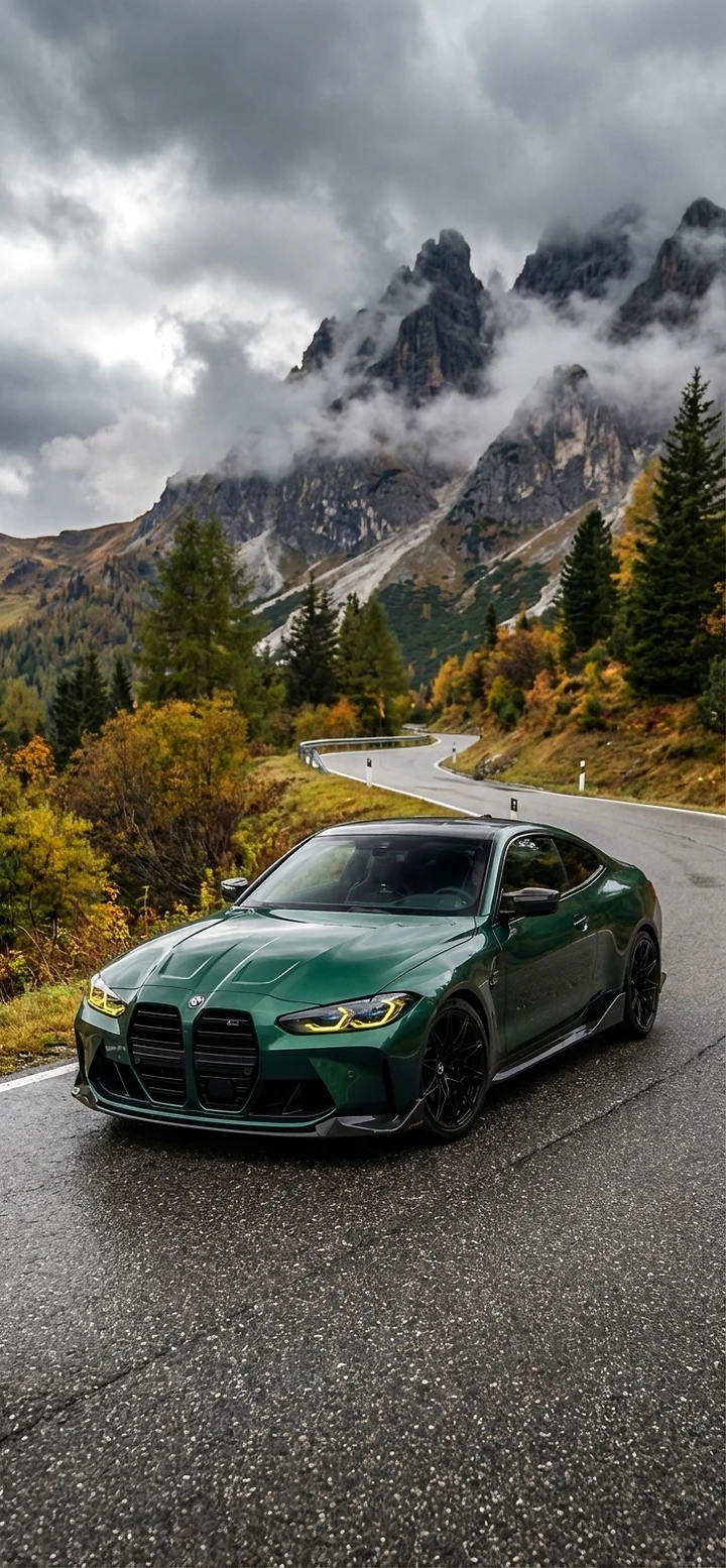 Vertikales Handy-Hintergrundbild: Ein dunkelgrüner BMW M4 CSL Sportwagen mit gelben Scheinwerfern parkt auf einer nassen, kurvigen Bergstraße. Im Hintergrund ragen schroffe, wolkenverhangene Berggipfel und herbstliche Bäume auf.