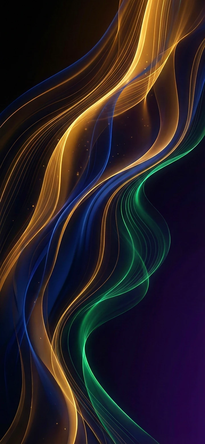 Vertikales Handy-Hintergrundbild: Abstrakte, fließende Lichtwellen und geschwungene Linien, die in leuchtendem Gold, tiefem Blau und Smaragdgrün vor einem sehr dunklen, schwarz-violetten Hintergrund glühen.