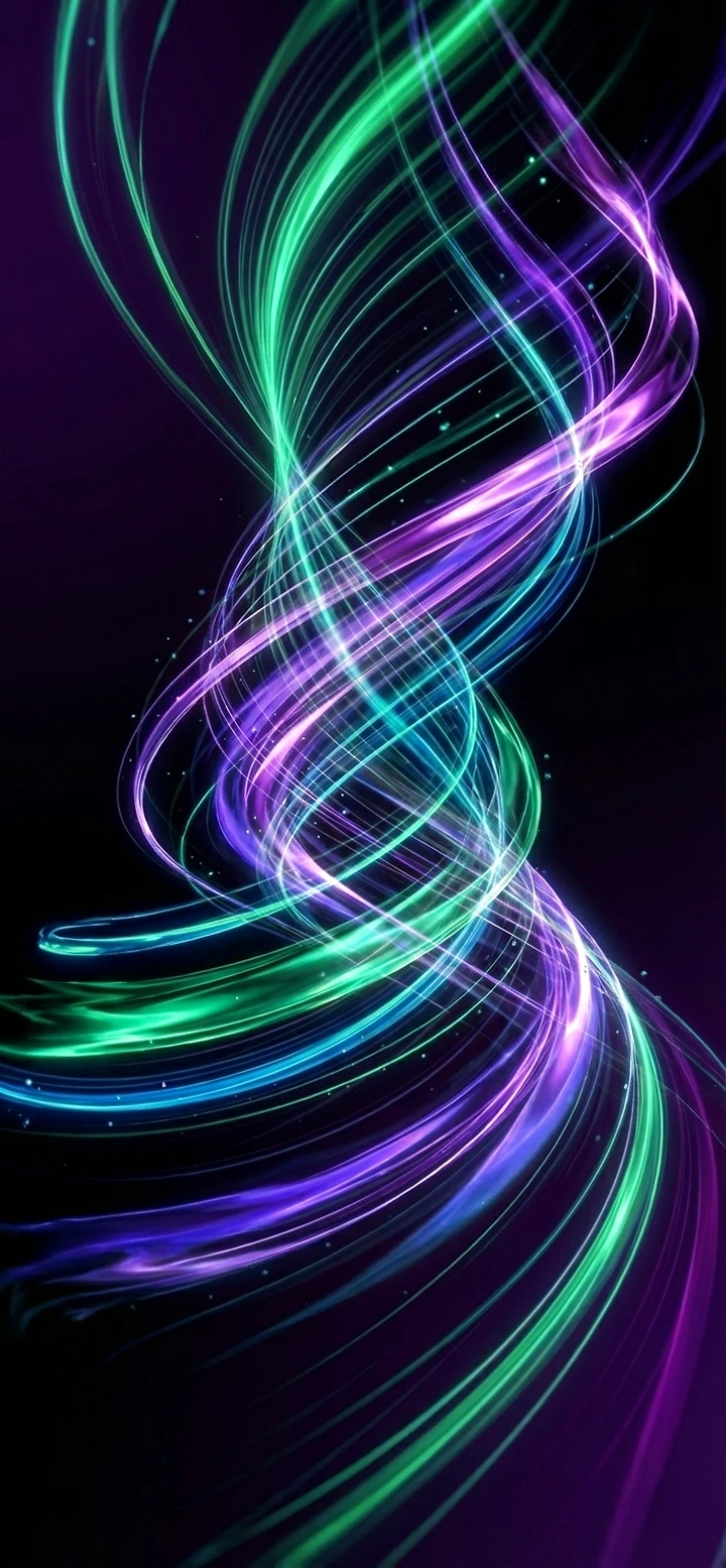 Vertikales Handy-Hintergrundbild: Ein dynamischer, spiralförmiger Wirbel aus leuchtenden, fließenden Lichtbahnen in Smaragdgrün und Amethyst-Lila, die vor einem tiefschwarzen und dunkelvioletten Hintergrund glühen.