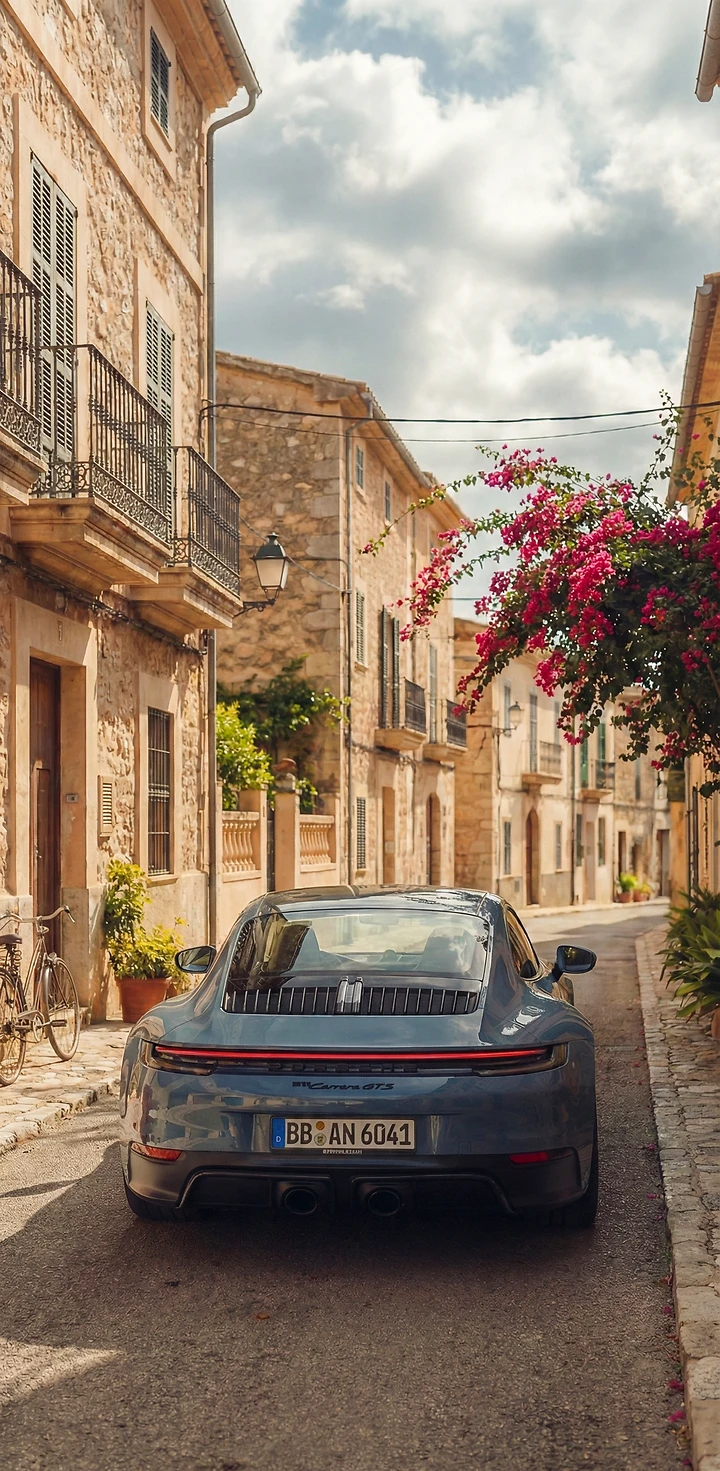 4K Handy Hintergrundbild eines blaugrauen Porsche 911 Carrera GTS in einem mediterranen Dorf.