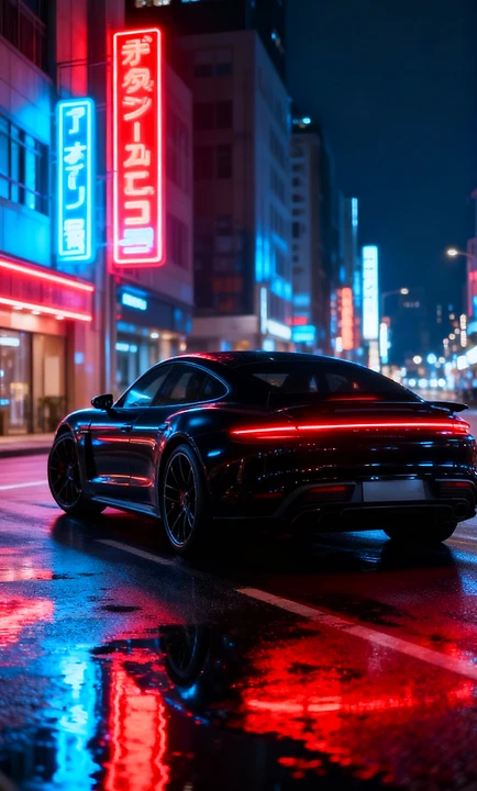 Schwarzer Porsche Sportwagen in einer Neon-Stadt bei Nacht, Cyberpunk Hintergrundbild 4K, Porsche Wallpaper für Handy.